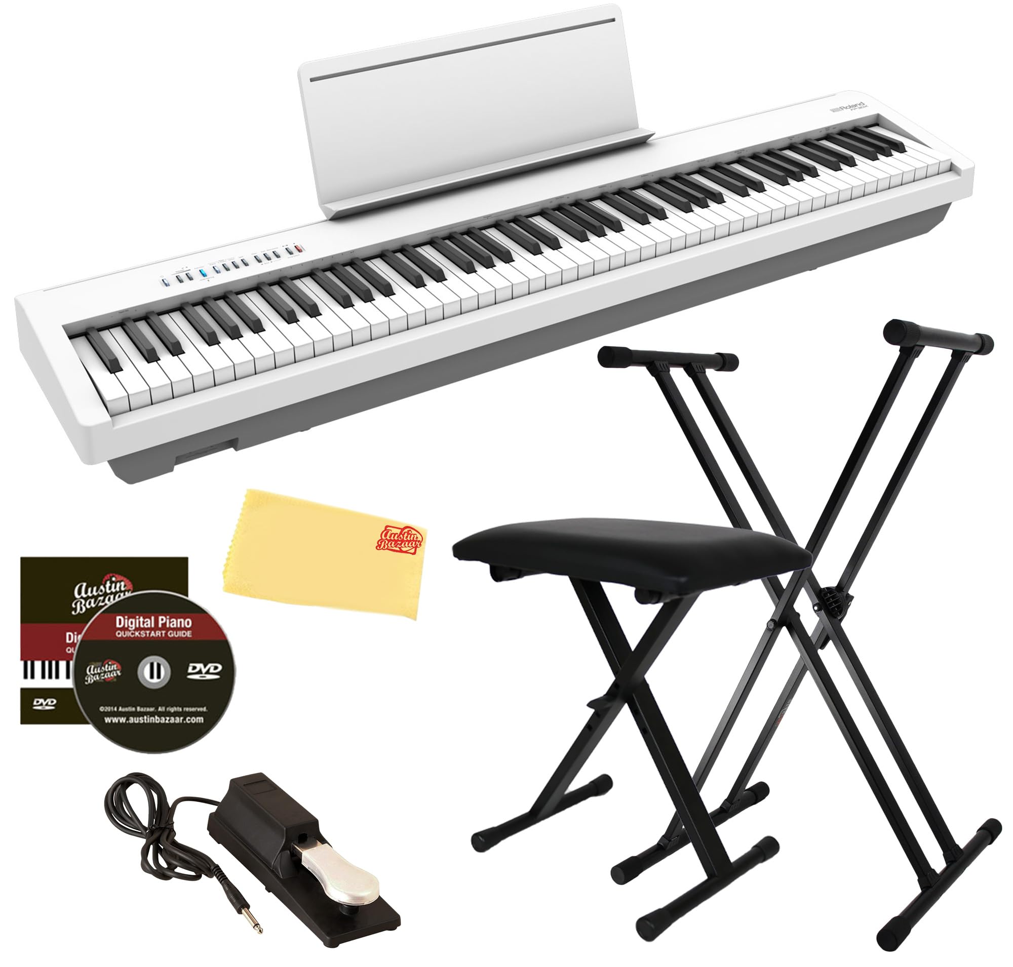 Roland FP-10 Digital Piano - Black Bundle with KSC-FP10 Stand.Bench.Sustain Pedal.Instructional Book.Online Lessons.Instructional DVD.and Austin Bazaar Polishing Cloth - Online Shop