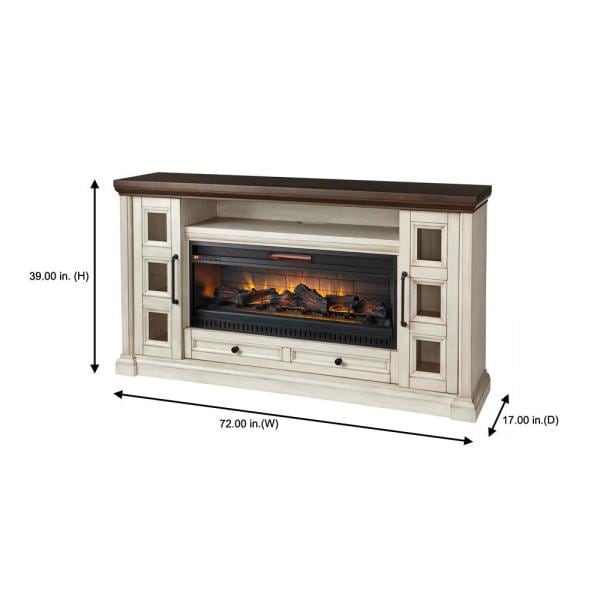 Cecily 72 in. Freestanding Electric Fireplace TV Stand in Antique White with Warm Charcoal Top Finish
