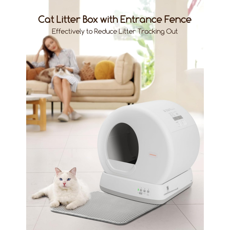 MeoWant Self-Cleaning Cat Litter Box, Integrated Safety Protection Automatic Cat Litter Box for Multi Cats, Extra Large/Odor Removal/APP Control Smart Cat Litter Box with Mat & Liner