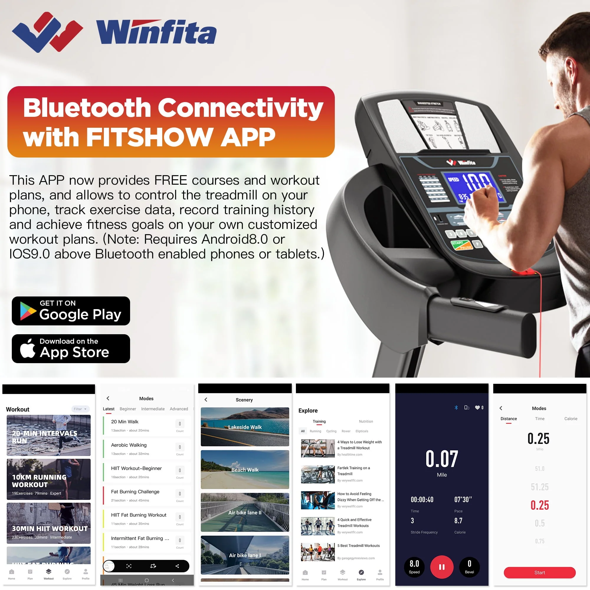 Winfita 4.5HP Portable Folding Treadmill 300 LB Capacity for Home w/ 15-Level Auto Incine, Smart APP Control, HiFi Stereo Bluetooth Speakers, 64 Programs, Up to 10MPH Speed, Knee Strap Gift