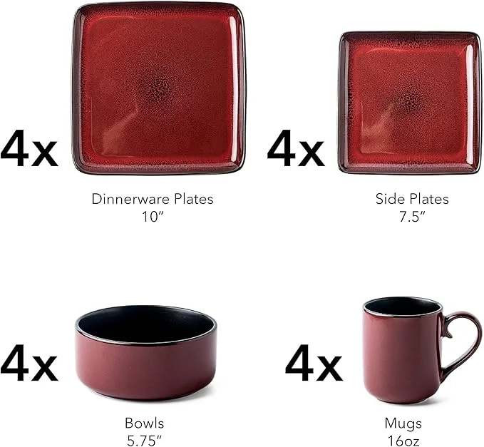 Square Stoneware 16pc Dinnerware Set for 4, Dinner Plates, Side Plates, Cereal Bowls, Mugs - Reactive Glaze Red