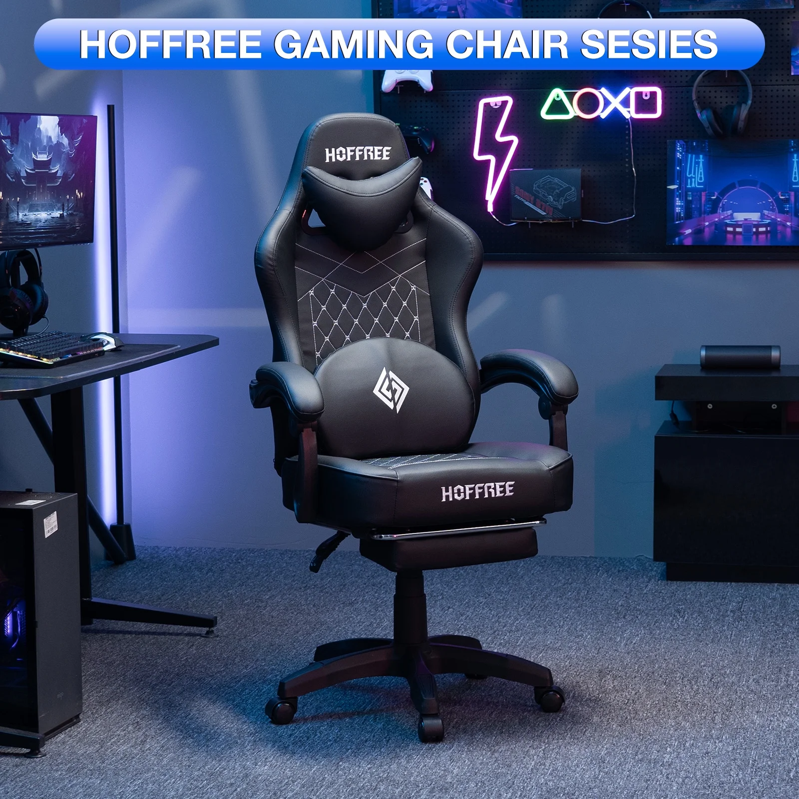 Hoffree Gaming Chair with Speakers PU Gamer Chair with footrest and massage Egonomic Computer Game Chair with Headrest and Lumbar Support for Adults and Office Gaming, 440 LBS