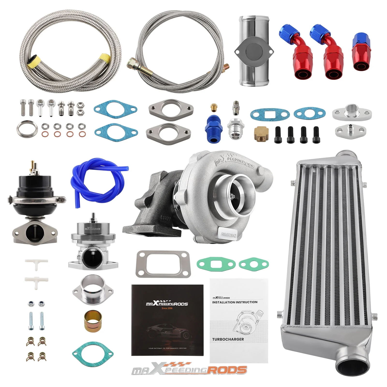 maXpeedingrods T04E T3 T4 Turbo Turbocharger Kit 400HP with Wastegate + Oil Feed Return Line Kit