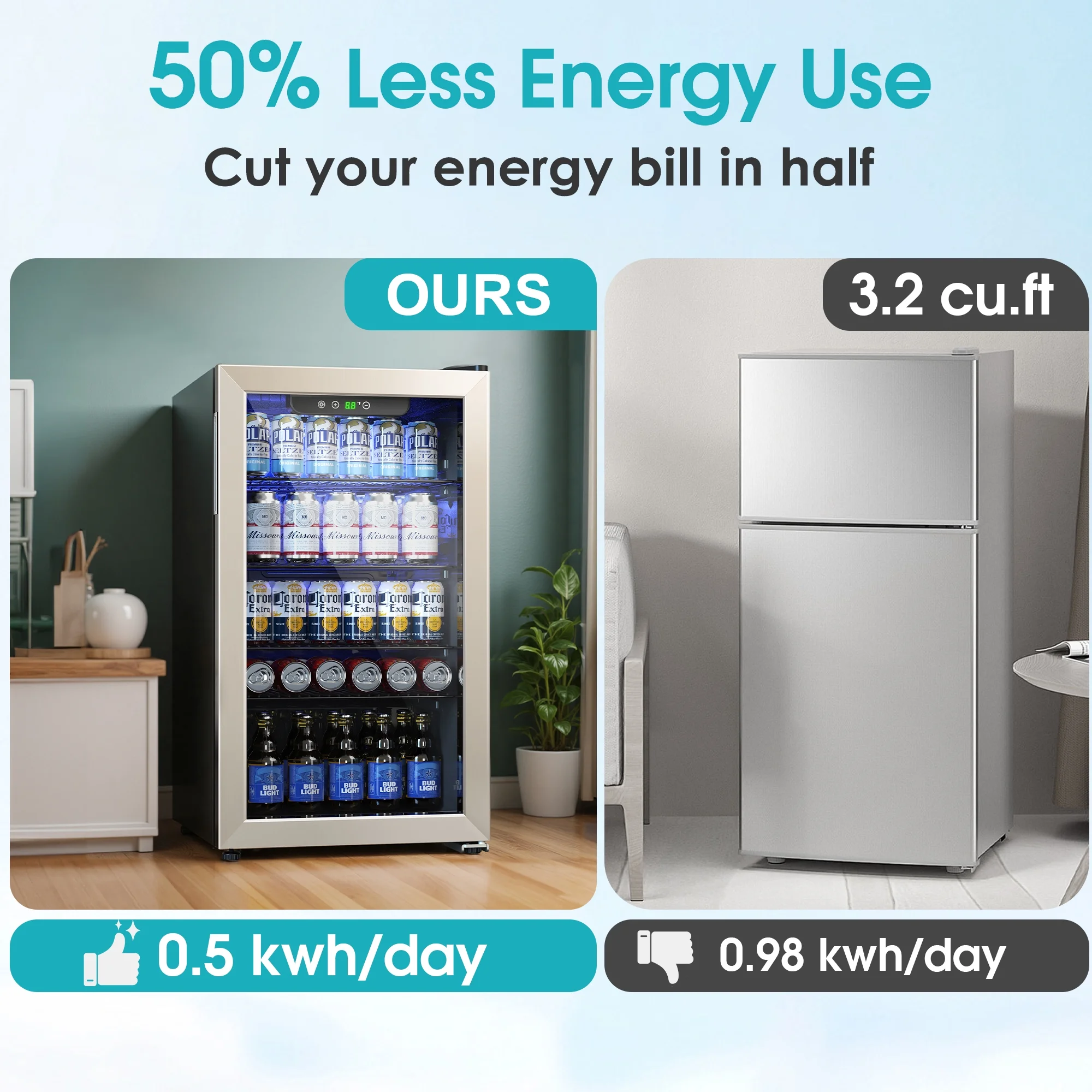 Qunler 130 Can Beverage Cooler Refrigerator with Glass Door for Beer Soda Water, Drink Fridge for Home Bar, Silver