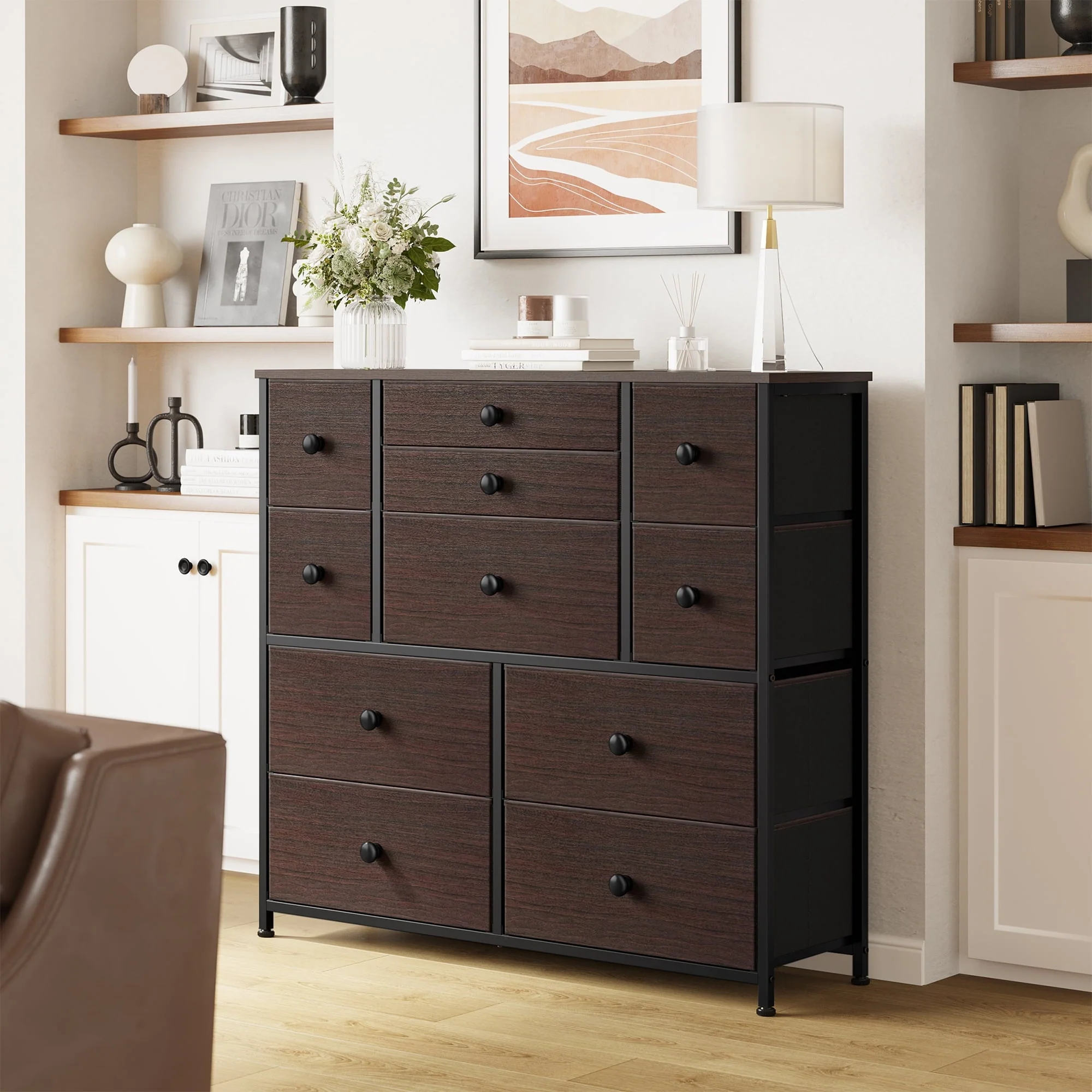 REAHOME 11 Fabric Drawers Dresser Chest of Drawers for Bedroom Faux Leather Rustic Brown Finish with Wood Top Sturdy Steel Frame