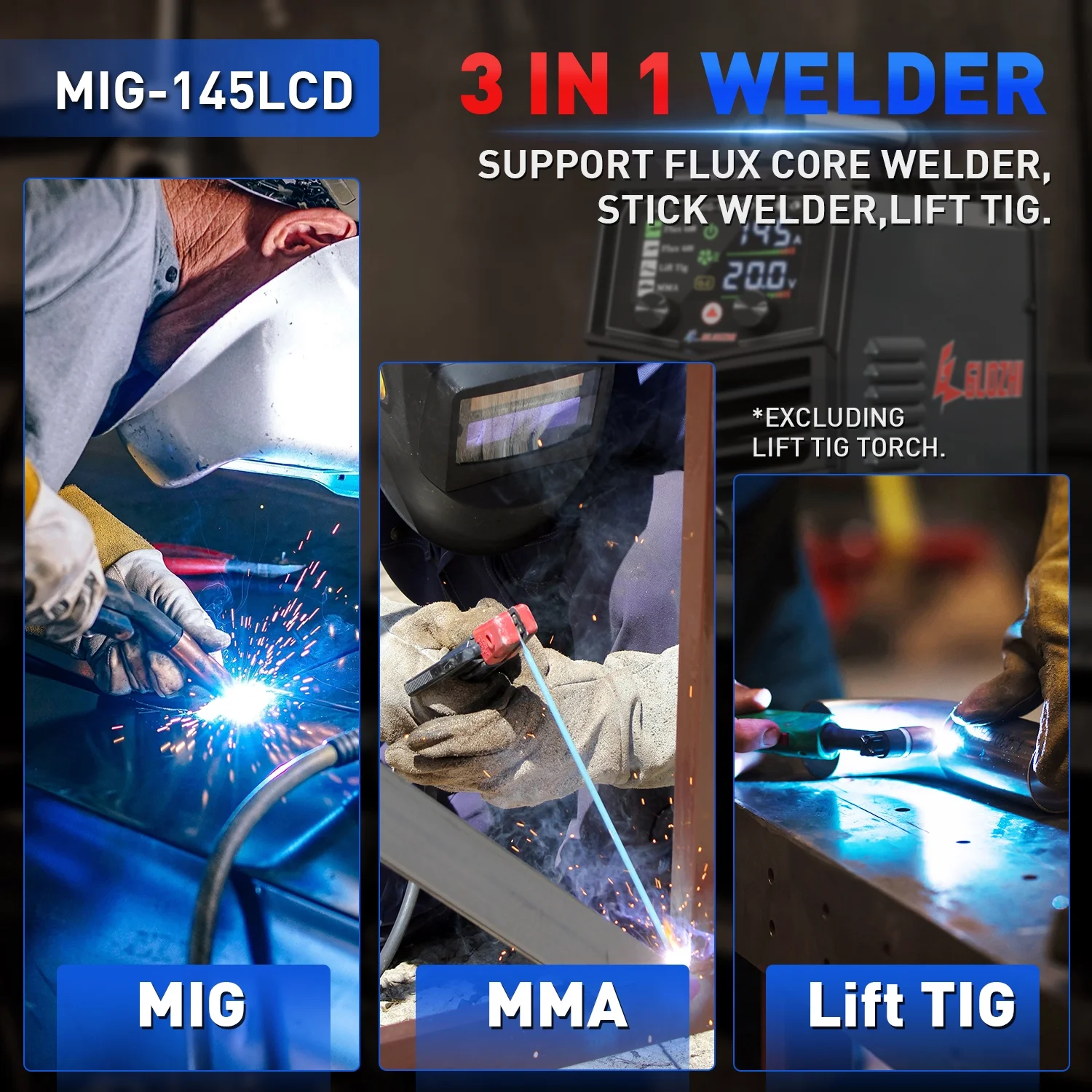 GZ GUOZHI 145A MIG Welder with Large LCD Display, 3 in 1 MIG/Stick/LIFT TIG Welder Machine, 110V Flux Core Welder for Beginners