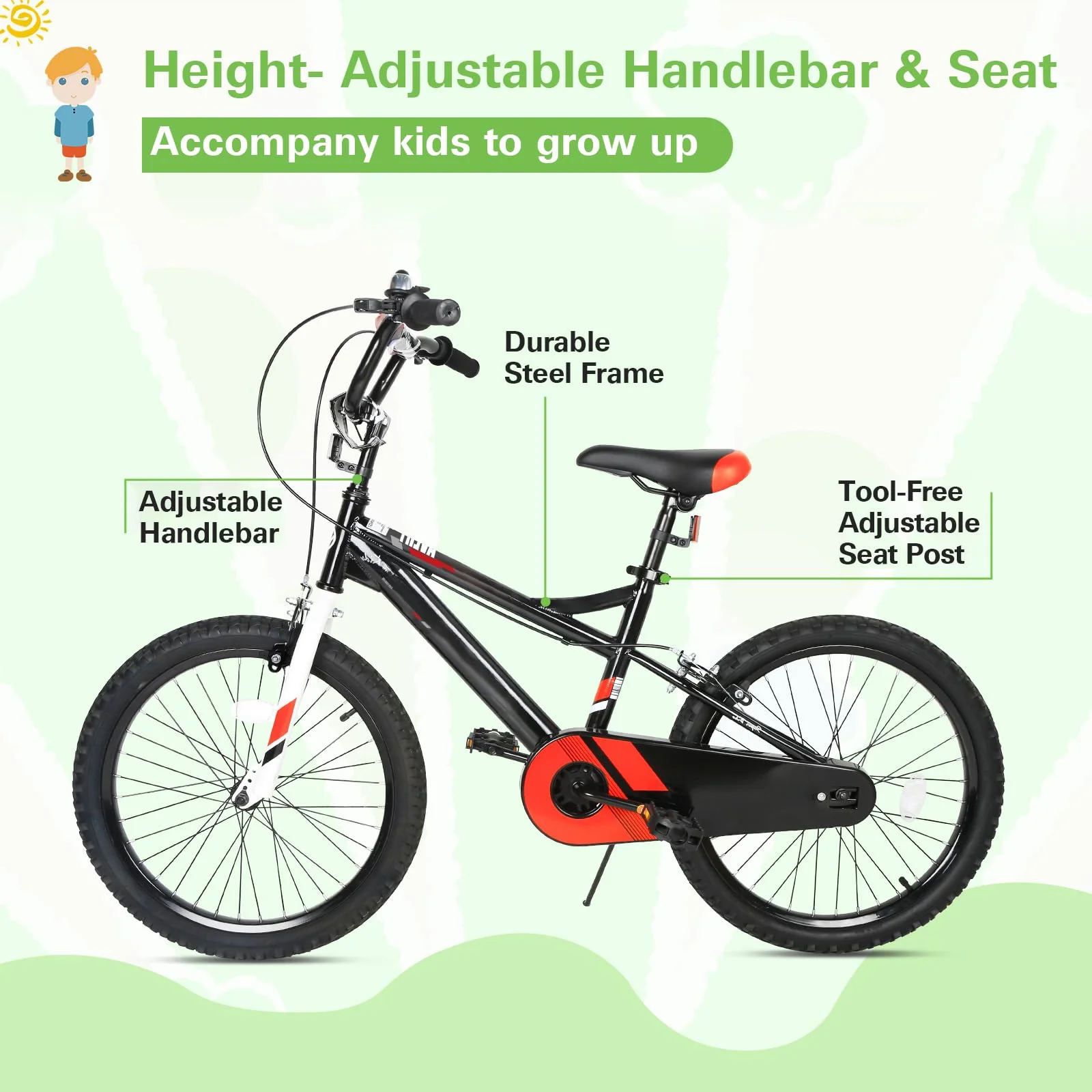 Kids Bike Boy Bicycle 20 inch for Children Age 6-12 Years Old Height 48-60 in Toddler Cycling Dual Hand Brakes Black Sport Outdoor Bikes