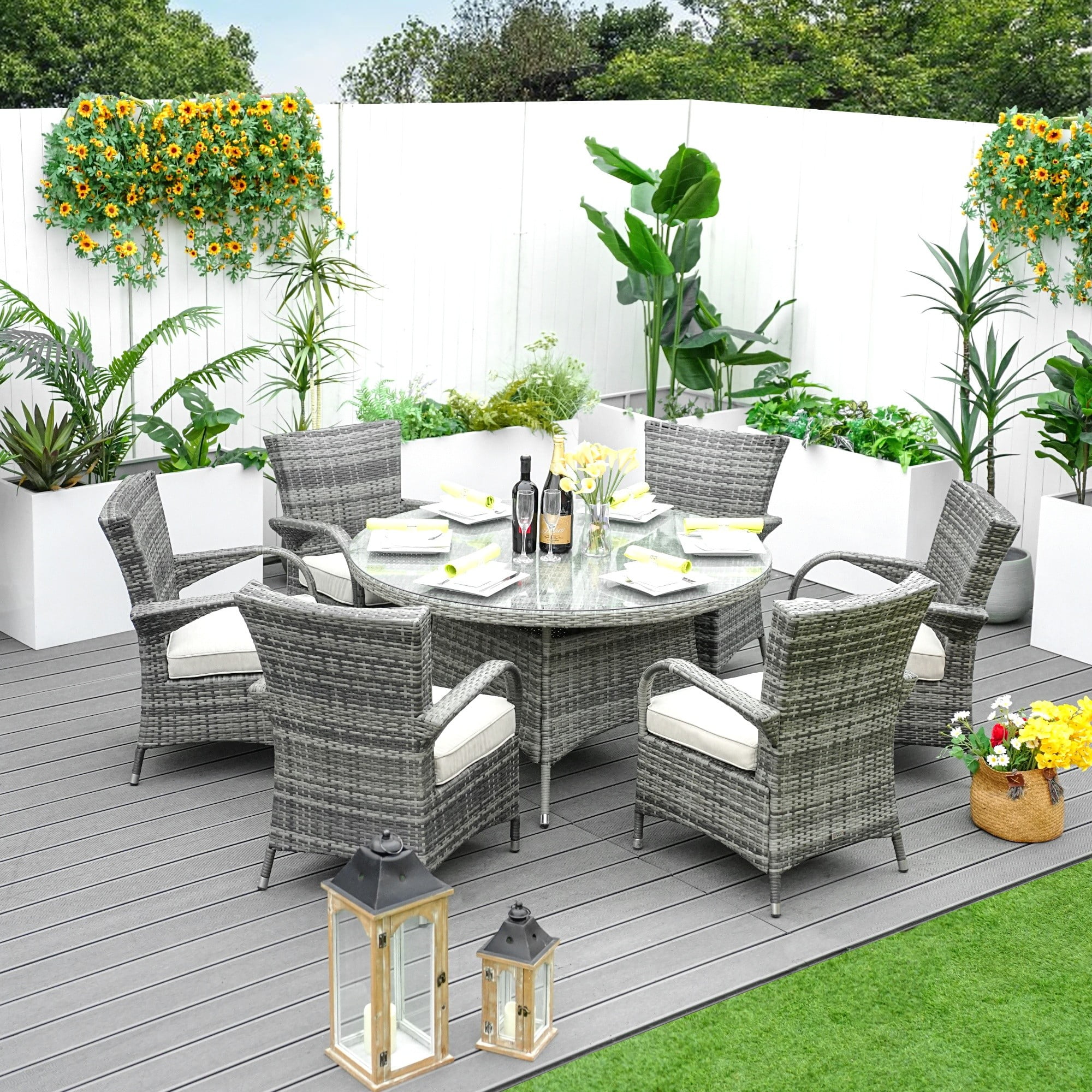Direct Wicker 7 Piece Patio Dining Set with Rattan Chairs and Cushions, Grey