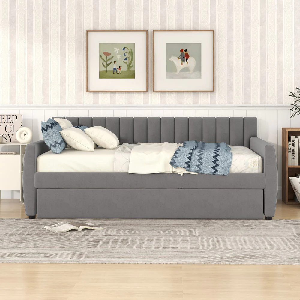 GZXS Full Size Upholstered Daybed with Trundle Bed for Living Room, Gray