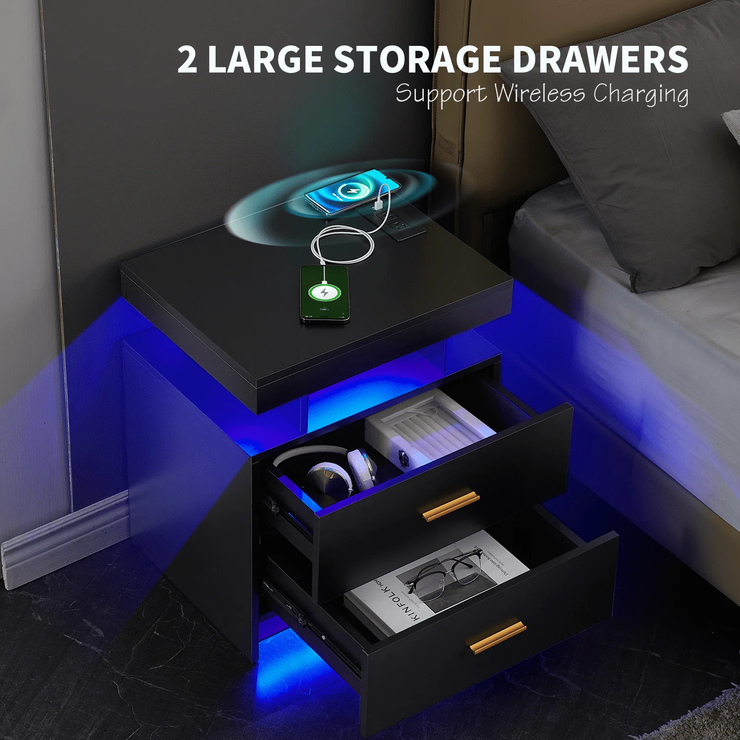 LED Nightstand, 2 Drawers Bedside Tables with Wireless Charging Station 2 Outlets and 2 USB Ports,Bedroom Nightstand with RGB 30 LED Light Mode App and Remote Control,Black