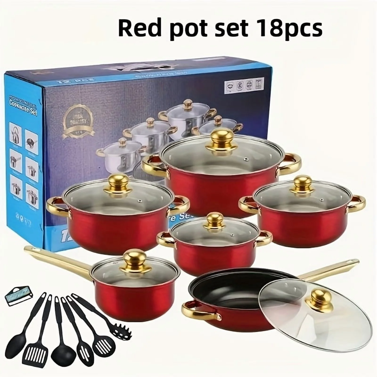 Red 18pcs Stainless Steel Cookware Set, Non-stick Cookware Set, Heat-resistant, Frying Pan, Saucepan, Stew Pot, Multifunctional, Stylish, Durable, Suitable For All Stoves