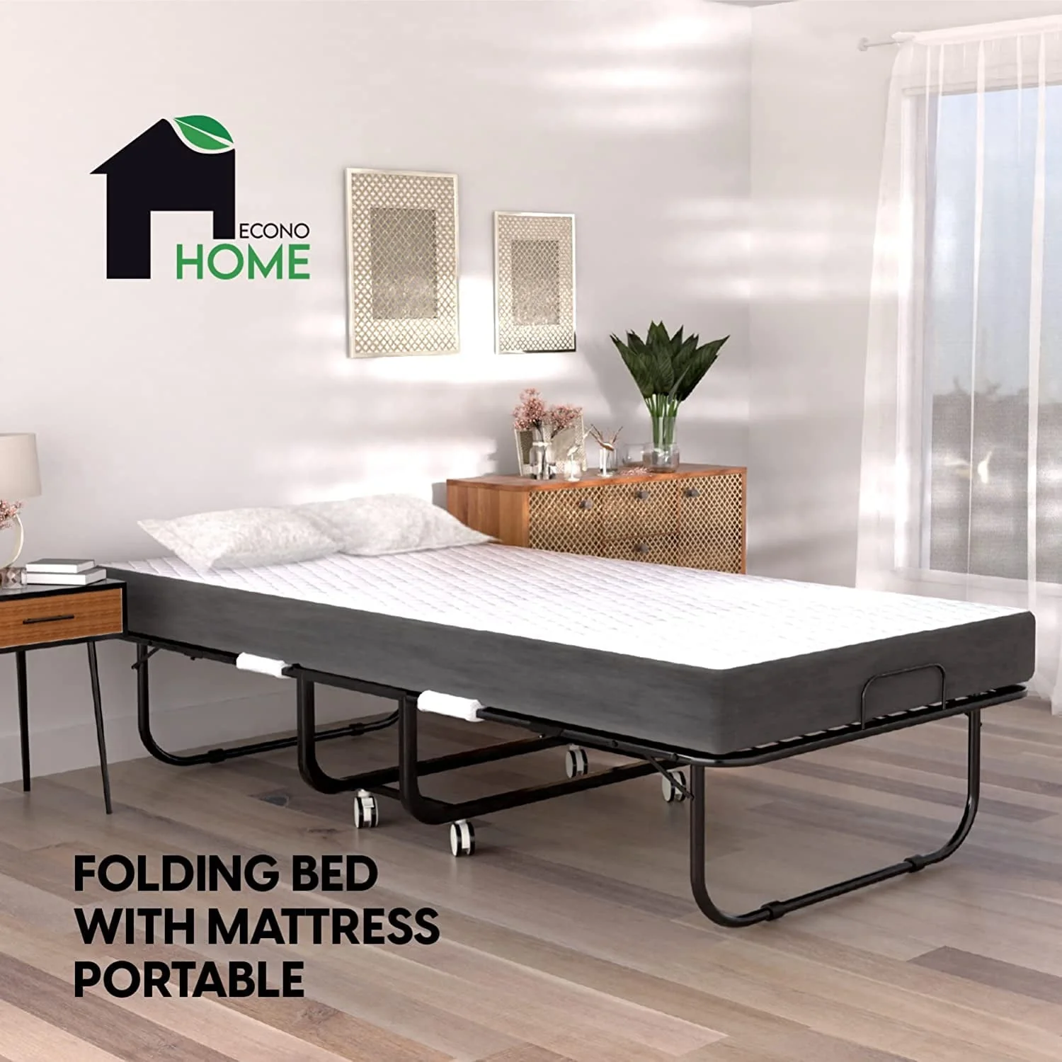 EconoHome Folding Bed with Mattress - 75x31 Cot Size Bed Frame - Portable Foldable Roll Away Adult Bed for Guest - 5-inch Thick Memory Foam Cot Mattress - Space Saving Fold Up Bed for Easy Storage