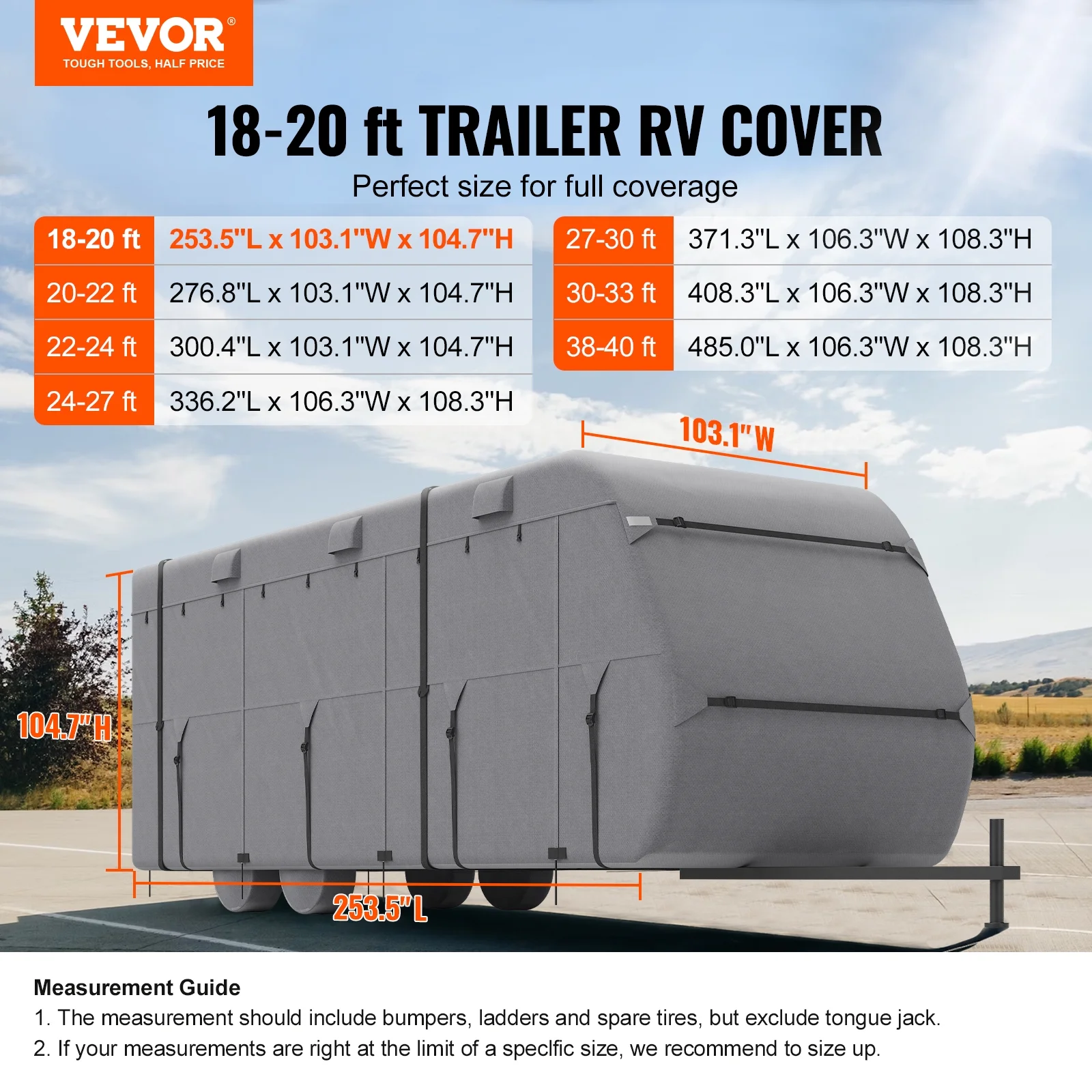 VEVOR Travel Trailer Cover, 18-20 ft RV Cover, 4-Layer Non-Woven Fabric Camper Cover, Waterproof, Windproof and Rip-Stop Class A RV Cover, with Storage Bag, Repair Patches, Straps and Tire Covers