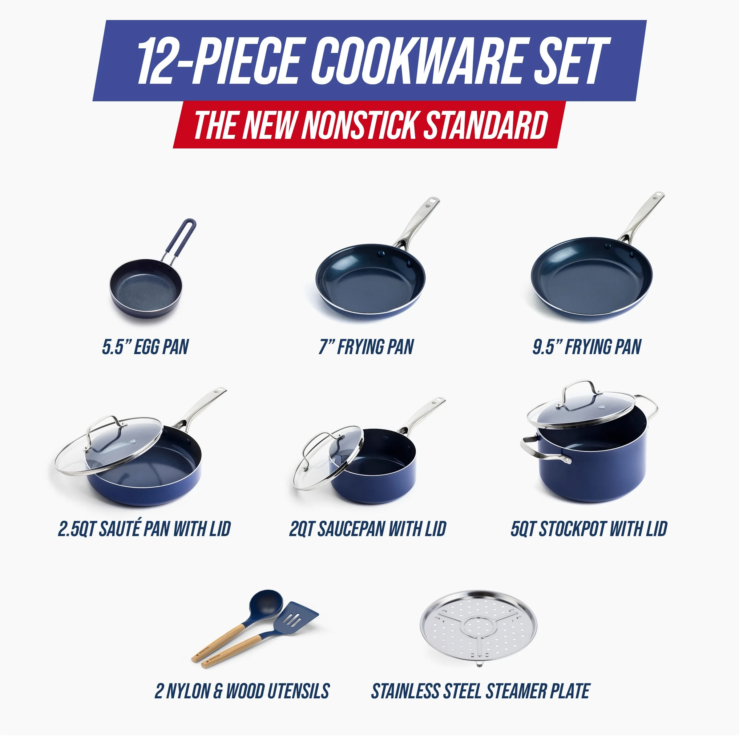 Blue Diamond 12-Piece Ceramic Nonstick Cookware Set a?? Toxin-Free, Dishwasher Safe, Oven Safe, Nonstick