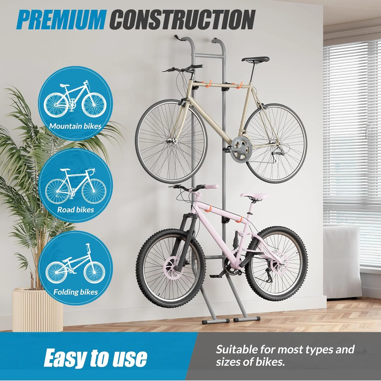 2 Bike Rack, Bicycle Rack, Bike Storage Rack for Garage, Gravity Bike Stand, Indoor Bike Organizer, Floor Vertical Bicycle Holder, Adjustable Wall Mount Cycle Hanger for Road Mountain Bikes