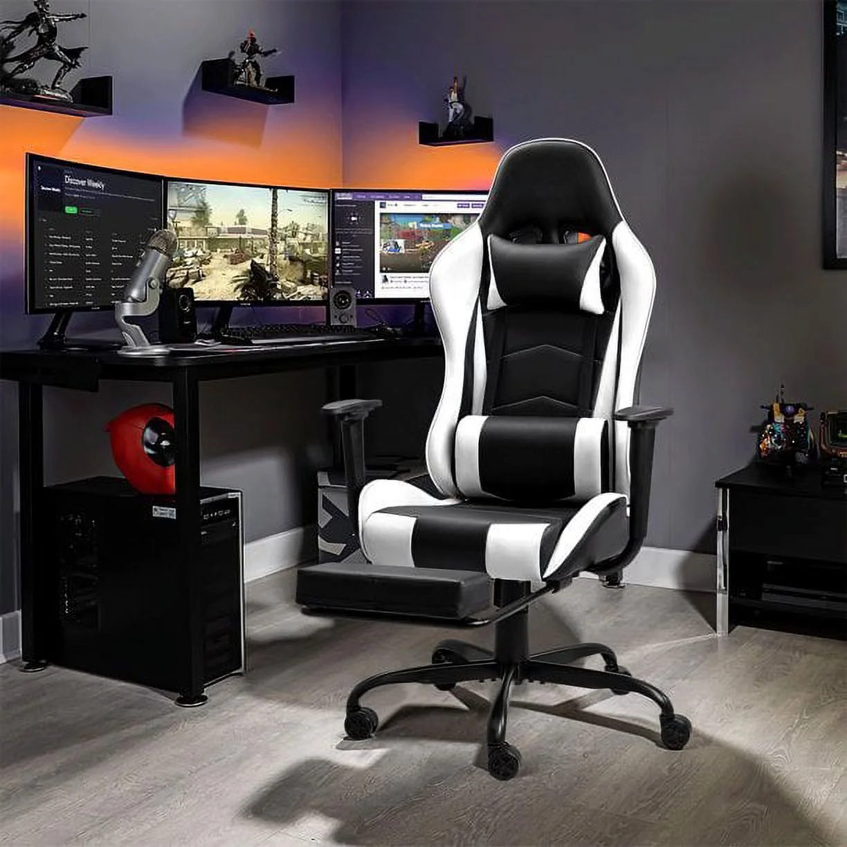 Lacoo High Back Gaming Chair PU Leather Adjustable Height Racing Chair with Lumber Support Ergonomic Gaming Chair with Reversible, White