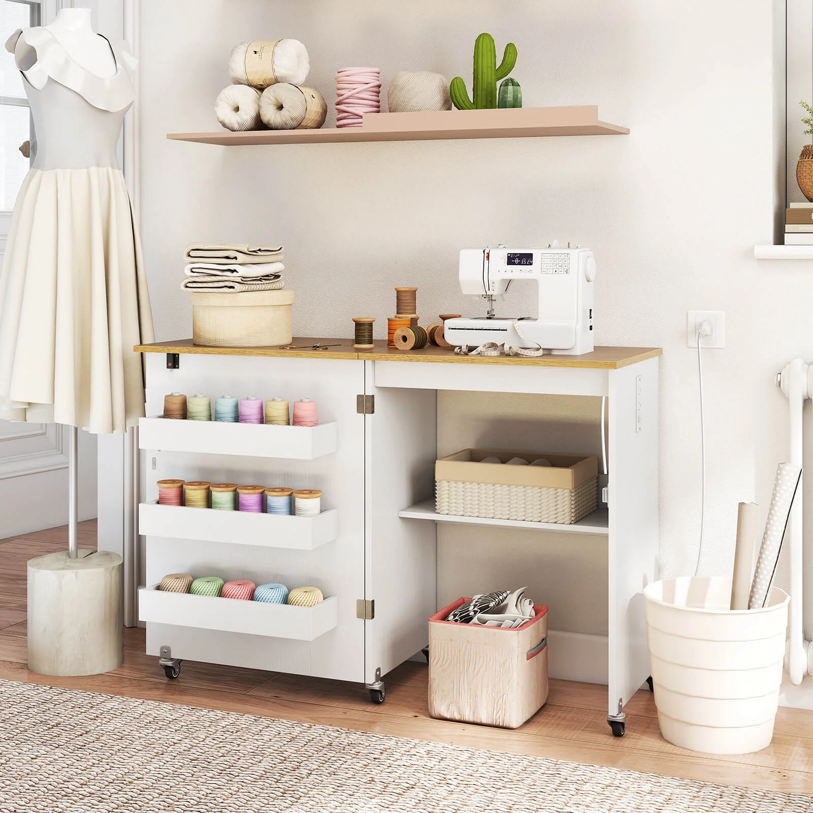 Costway Folding Sewing Table Rolling Craft Station with 3 Storage Bins & Charging Station White+natural