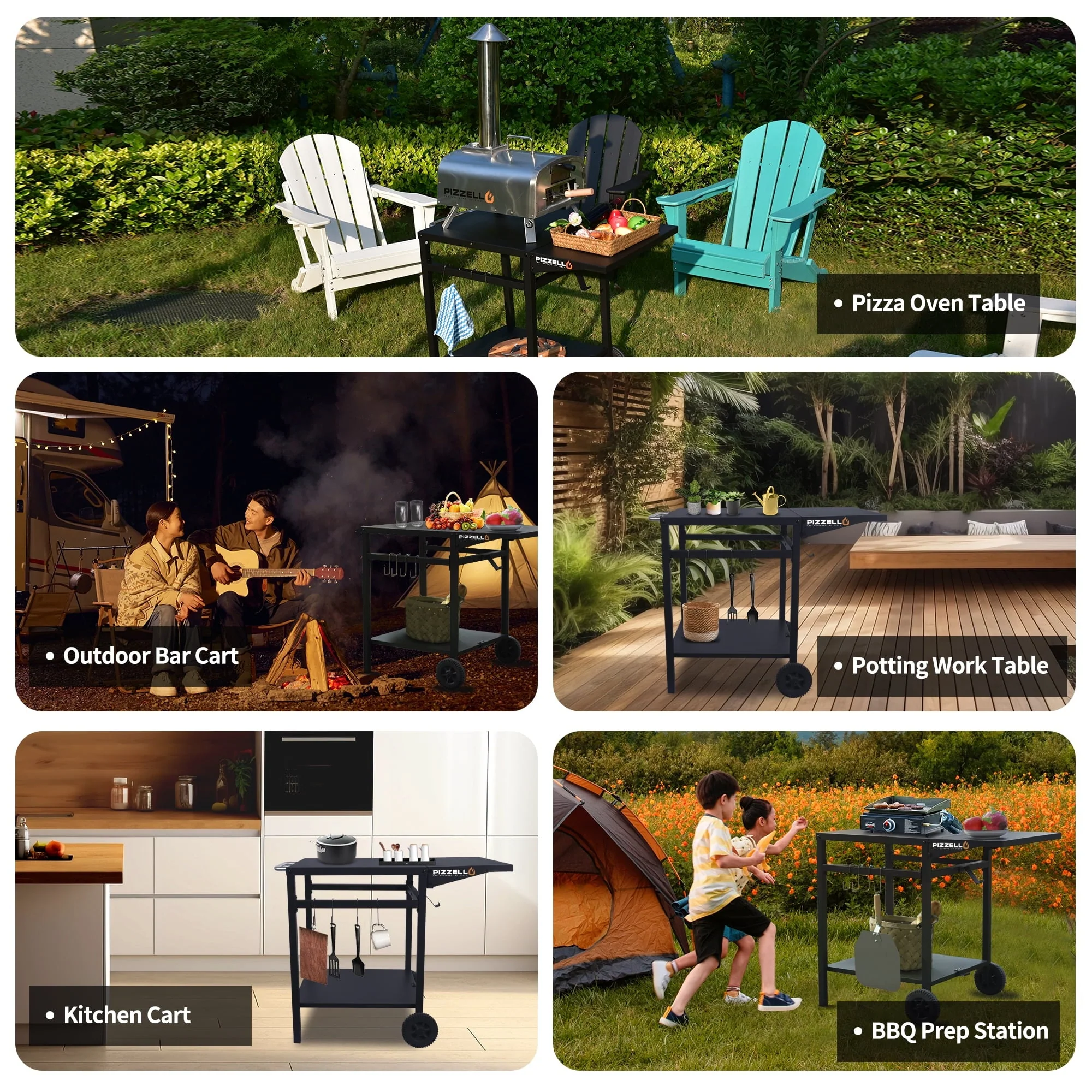 Pizzello Outdoor Grill Pizza Oven Food Prep Bbq Cart Stand Table with Storage Wheels Expandable Countertop, Black