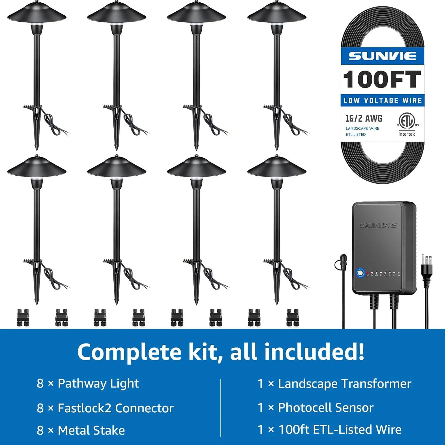 SUNVIE All-in-One Low Voltage Pathway Lighting Kit, 8 Pack LED Light with Transformer and Wire