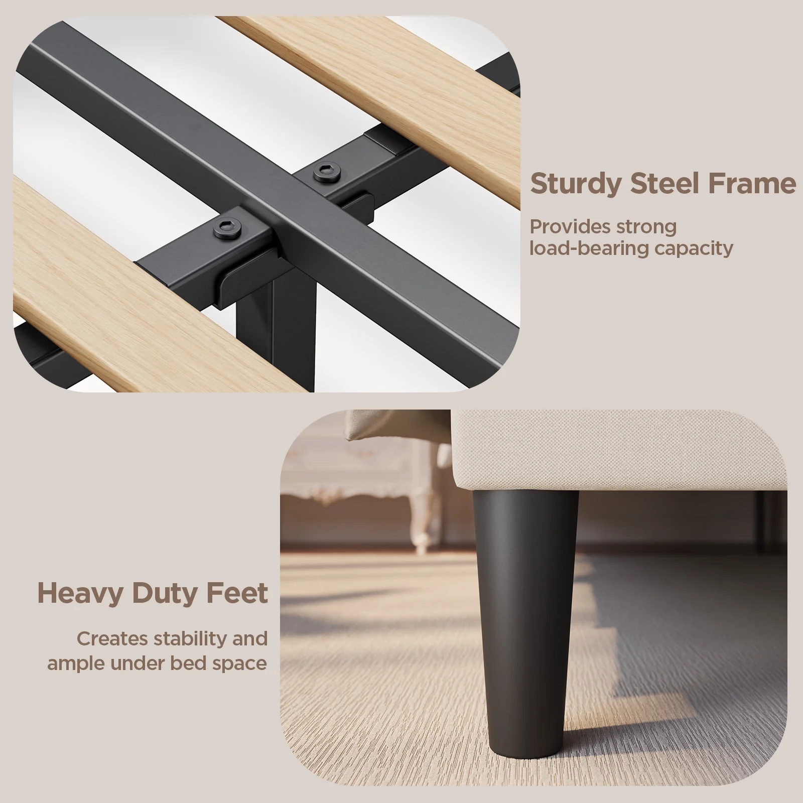 Lofka Queen Size Bed Frame with Upholstered Wingback Headboard Beige Finish