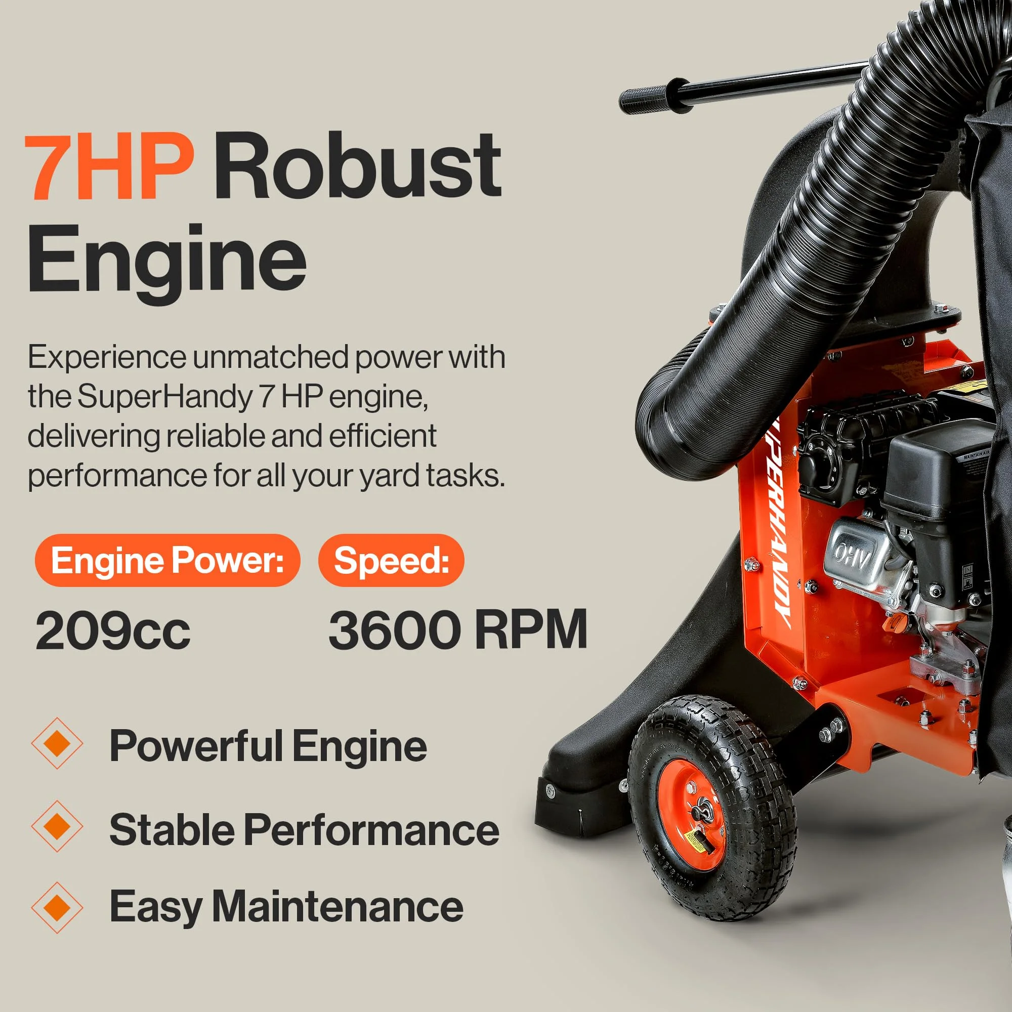 SuperHandy Leaf Vacuum & Wood Chipper - 7 HP 209CC Gas Engine, 10:1 Mulch Ratio, 6 Bushel Bag Capacity, Castor Wheels, Dual Function: Walk-Behind Leaf Vacuum Mulcher & Wood Chipper