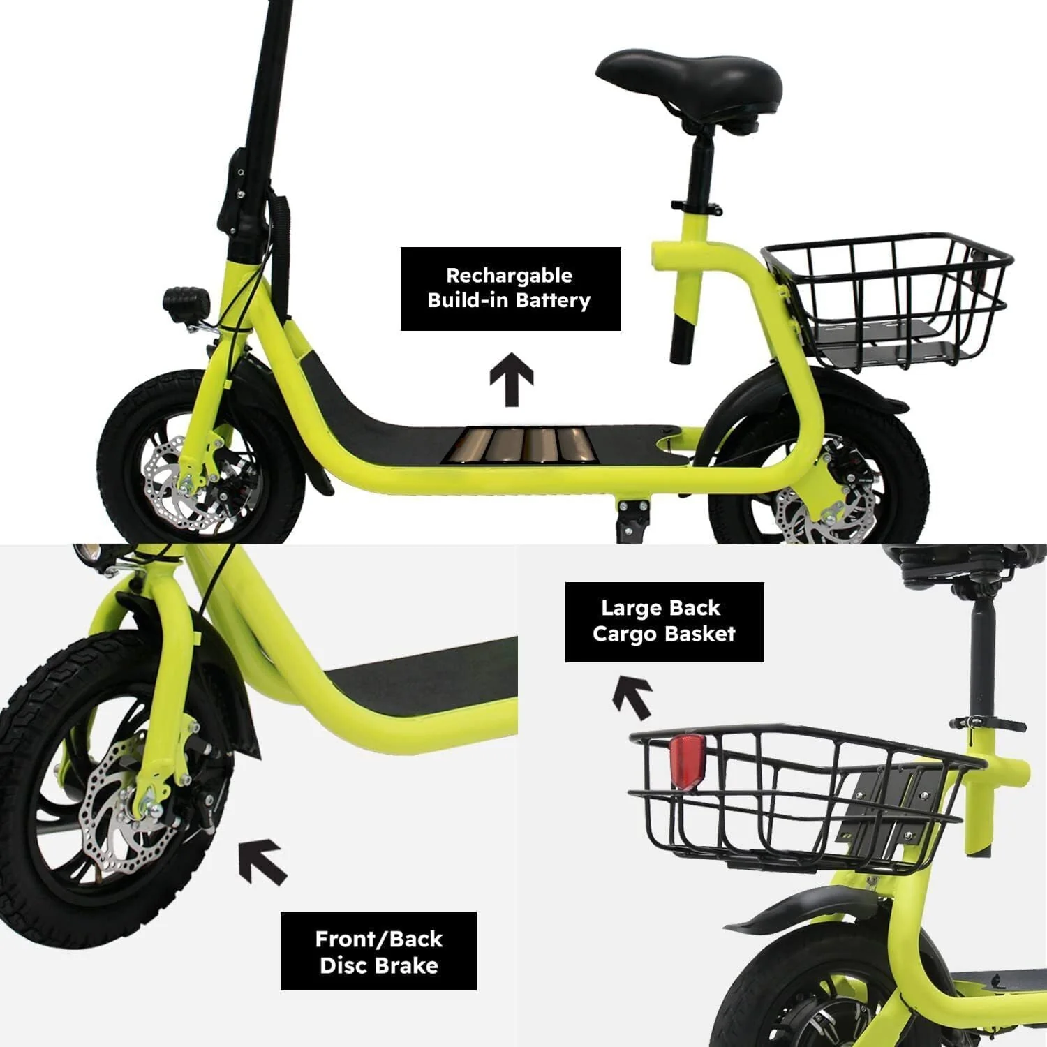 Dazone Electric Scooter Ebike, 450W 36V 12.5 Miles Long-range Battery Foldable Easy Carry Portable Design, Adult Electric Bicycle Scooter Up to 15.5 mph Commuter Scooter, 12 in Tires Off-Road, Yellow