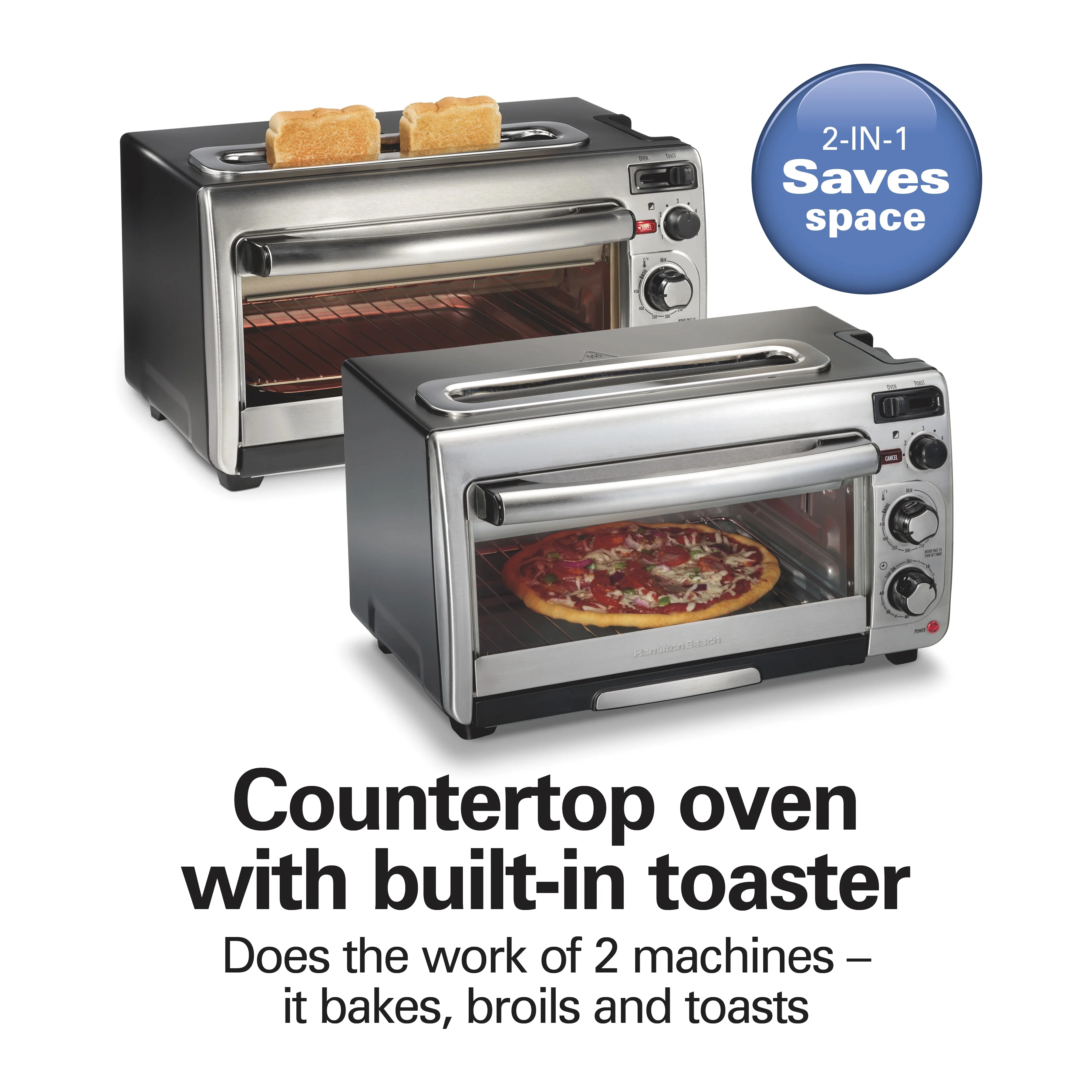 Hamilton Beach 2-in-1 Countertop Toaster Oven & Long Slot 2 Slice Toaster Combo, Stainless Steel