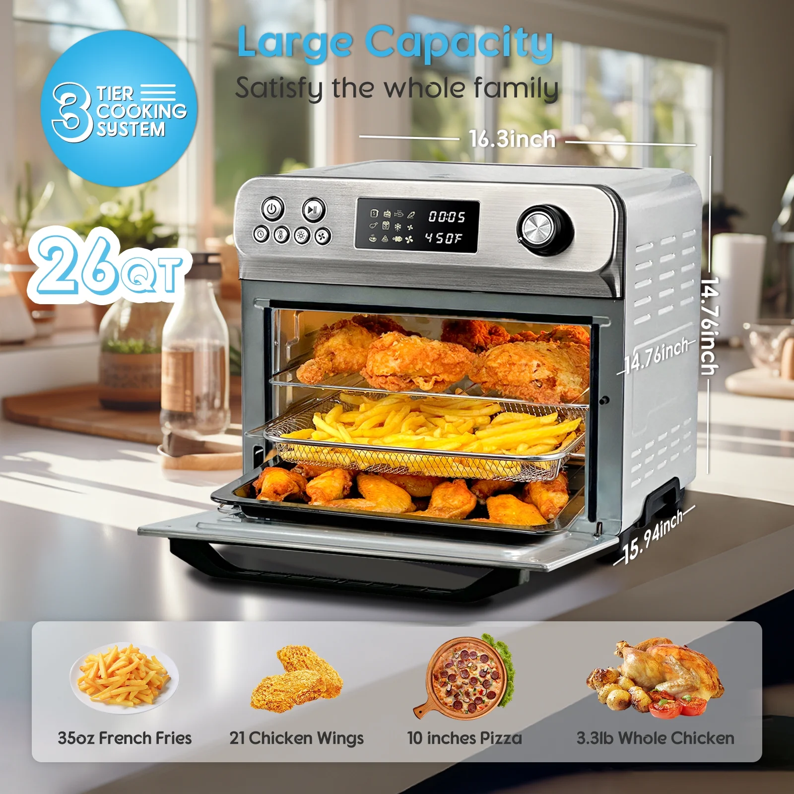 HYSapientia 26QT Air Fryer Oven With Rotisserie 1800W Toaster Oven Air Fryer Combo, 10 in 1 Convection Oven Countertop, Airfryer Toaster Oven, Mini Toaster Oven,Stainless Steel Outer