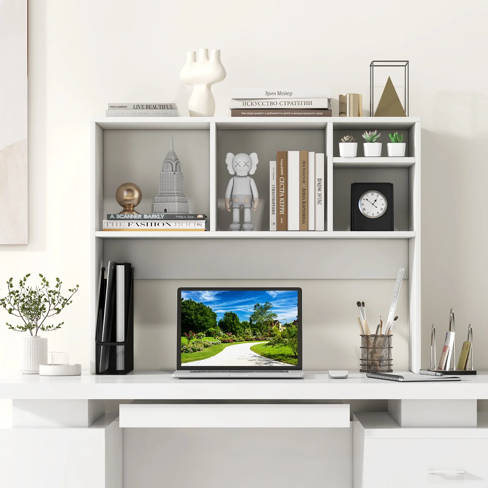 Giantex Desk Hutch, 2-Tier Desktop Organizer Shelf for Computer Desk, Wide Wooden Table Top Bookshelf, Countertop Storage Rack, White