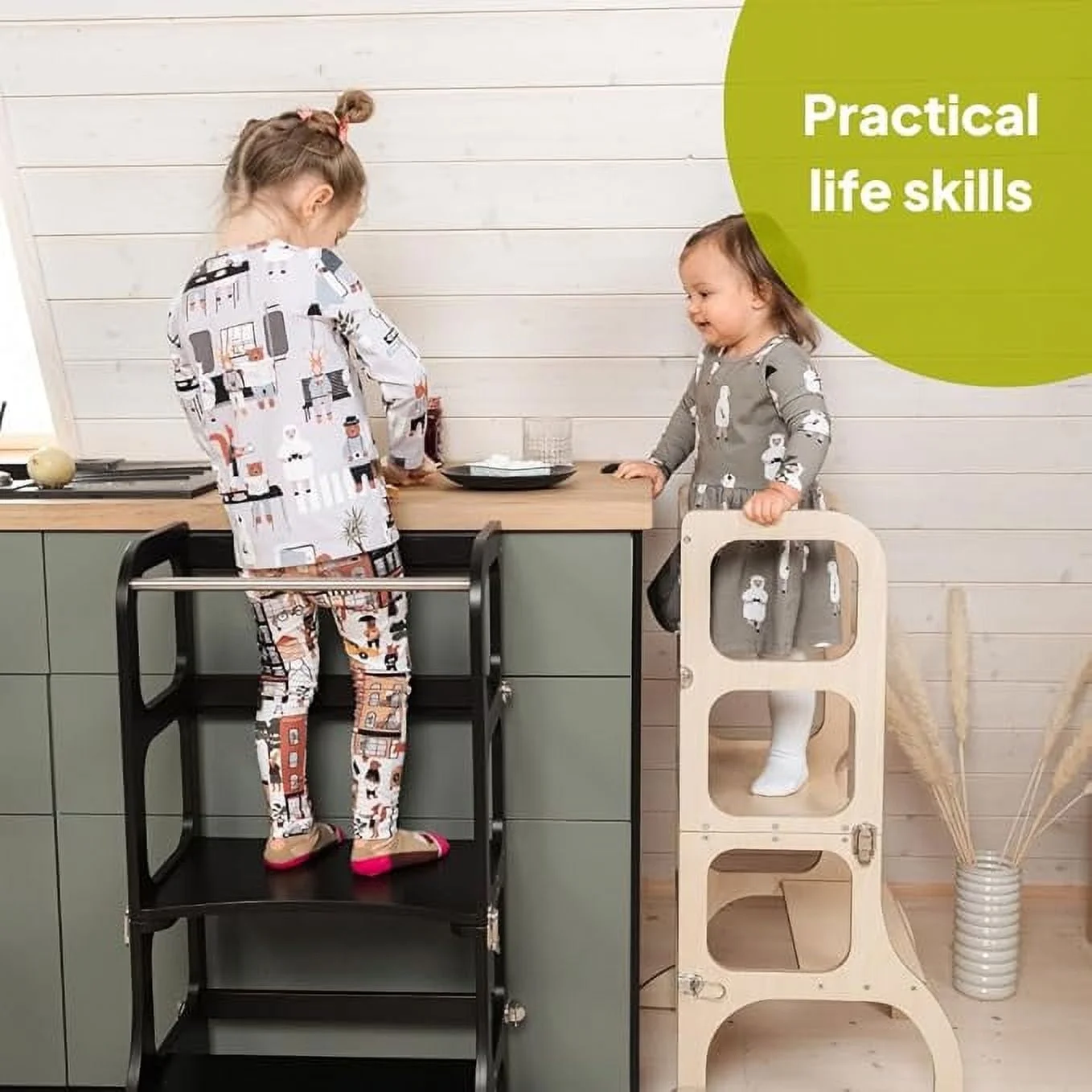 Ette Tete STEP'n'SIT? ? Montessori Helper Tower - Table ? Convertible 2-in-1 with support legs (with silver clasps, wooden)