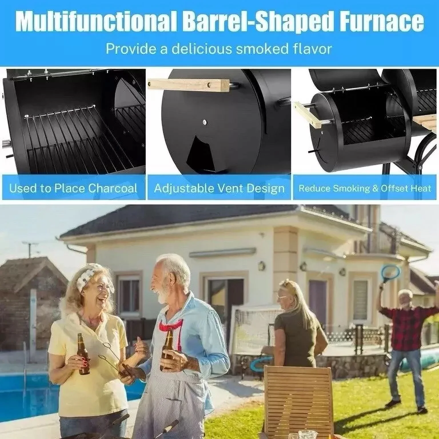 Bitiwend Charcoal Grill w/Smoker, Outdoor BBQ Grill with Side Table, Portable Offset Smoker W/2-zone Area