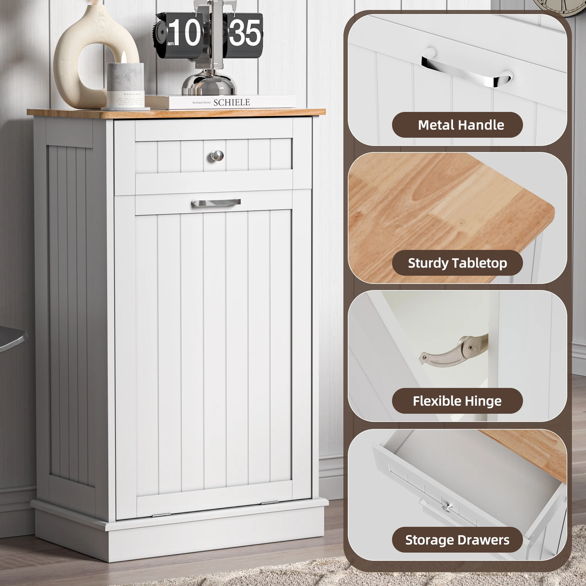 HARIPUL Single Tilt Out Trash Cabinet for 13 Gallon Waste Bin, Free Standing Kitchen Trash Can Cabinet with Drawers, White