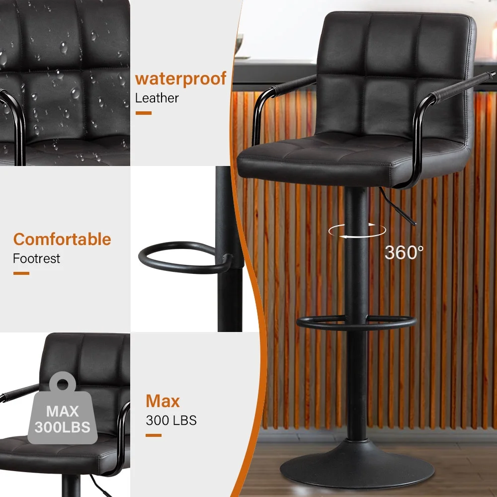 JONPONY Bar Stools Set of 2, Back and Armrest,Vintage Leather Modern Bar Chairs for Home and Kitchen Counter,Black,Low Back