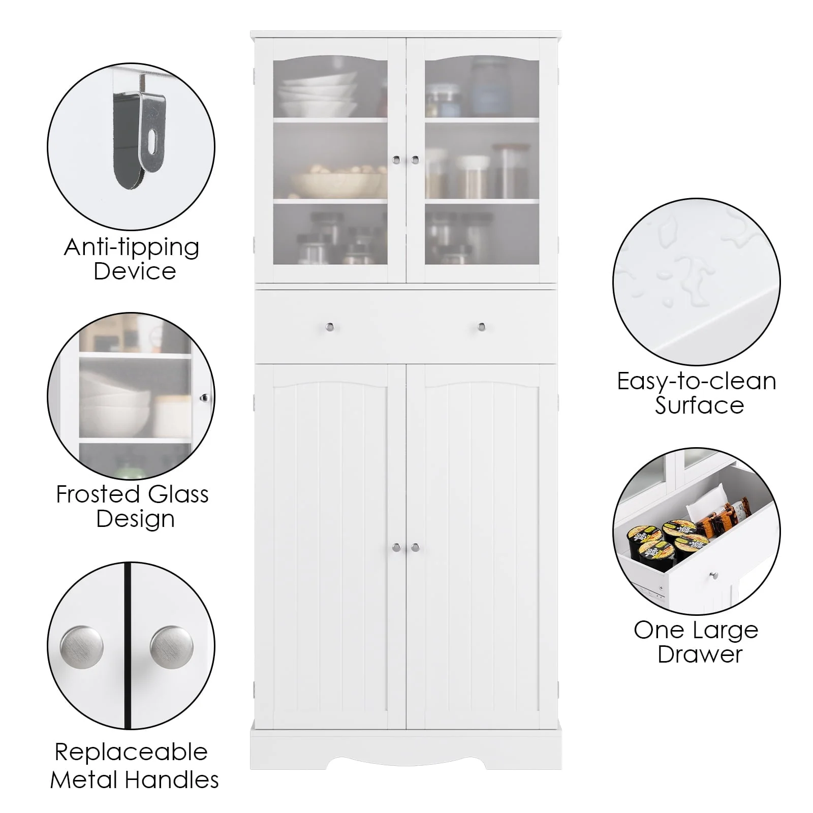 Homfa Tall Kitchen Pantry with 4 Doors, Free Standing Storage Cabinet for Dining Room, White