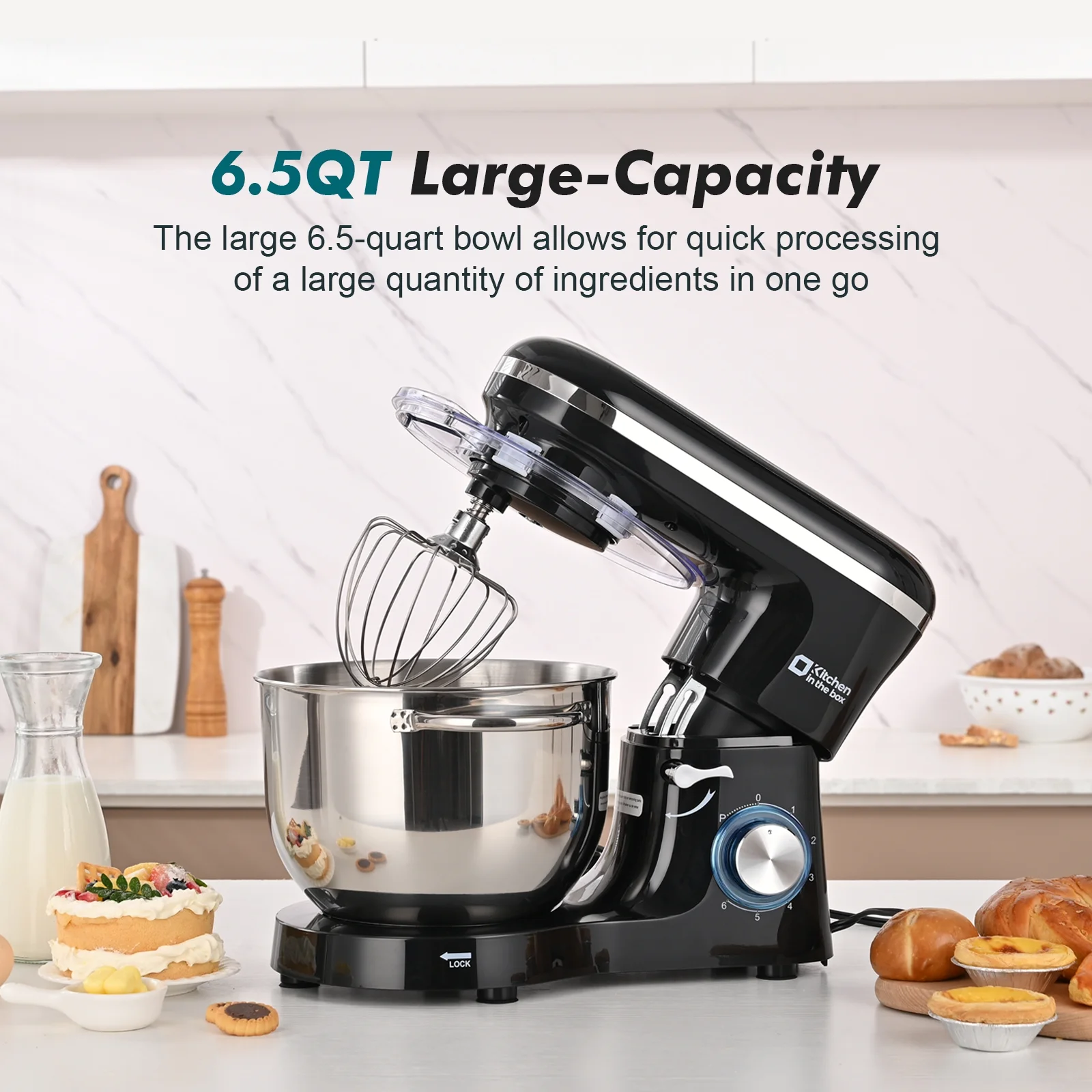 Kitchen in the box Tilt-Head Stand Mixer, Electric Kitchen Mixer with 6.5QT Stainless Steel Bowl, 660W Food Mixer with 6-Speed, Black