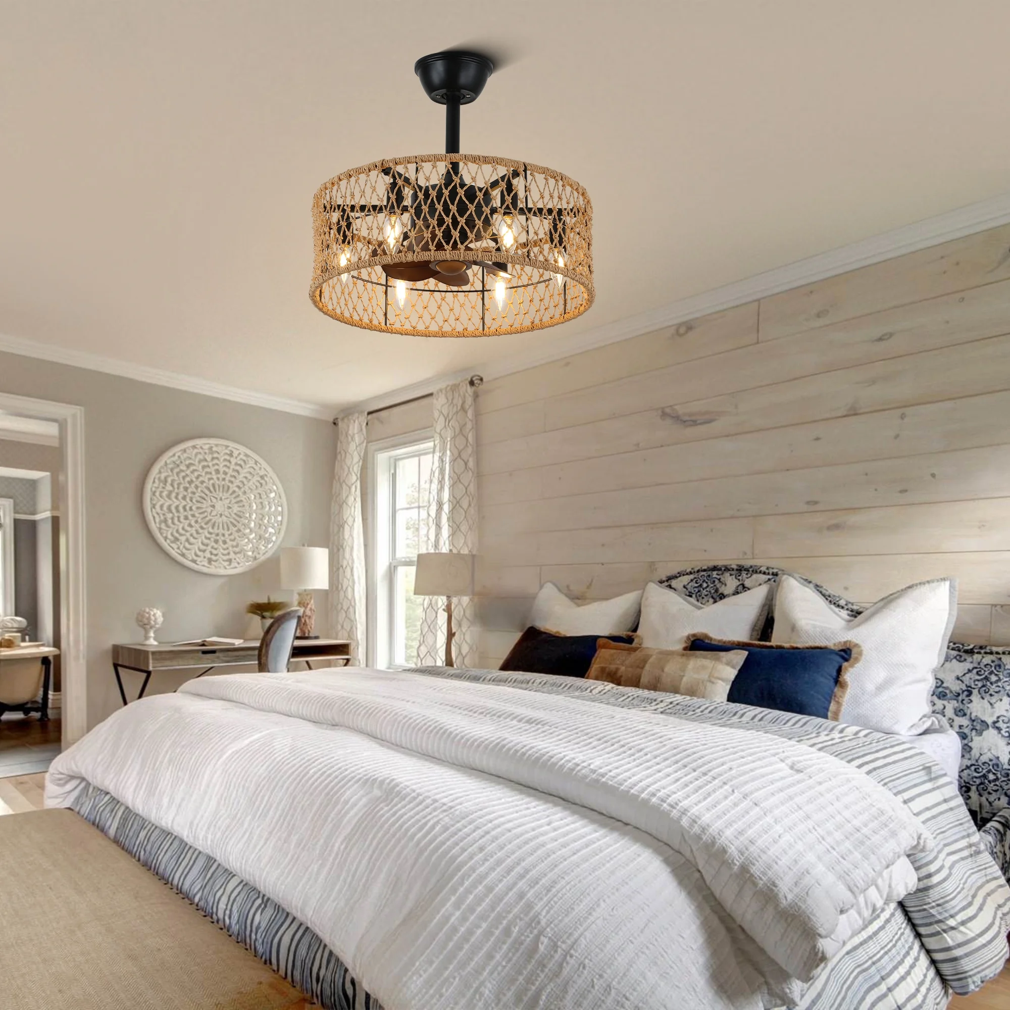 Dawn Whisper Rustic Farmhouse Rattan Ceiling Fan Wooden Woven Cage Chandelier 3 Speeds Reversible Smart App Remote Control