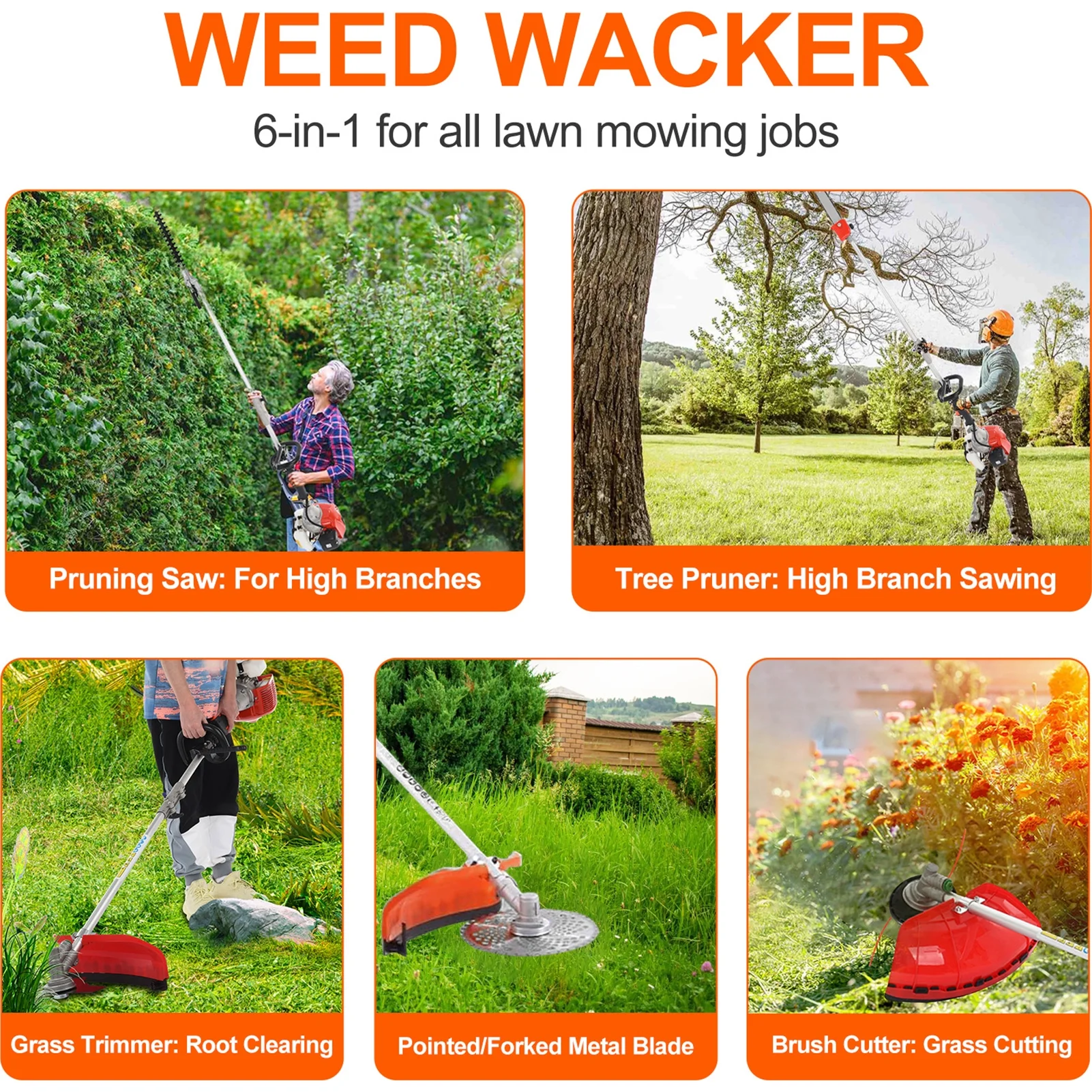 WETS 5 in 1 Garden Hedge Trimmer Combo,  52cc 2-Stroke Gas Powered Long Reach Pole Saw Grass String Trimmer Brush Tree Cutter Pruner Weed Eater Multi Functional Garden Trimming Tools
