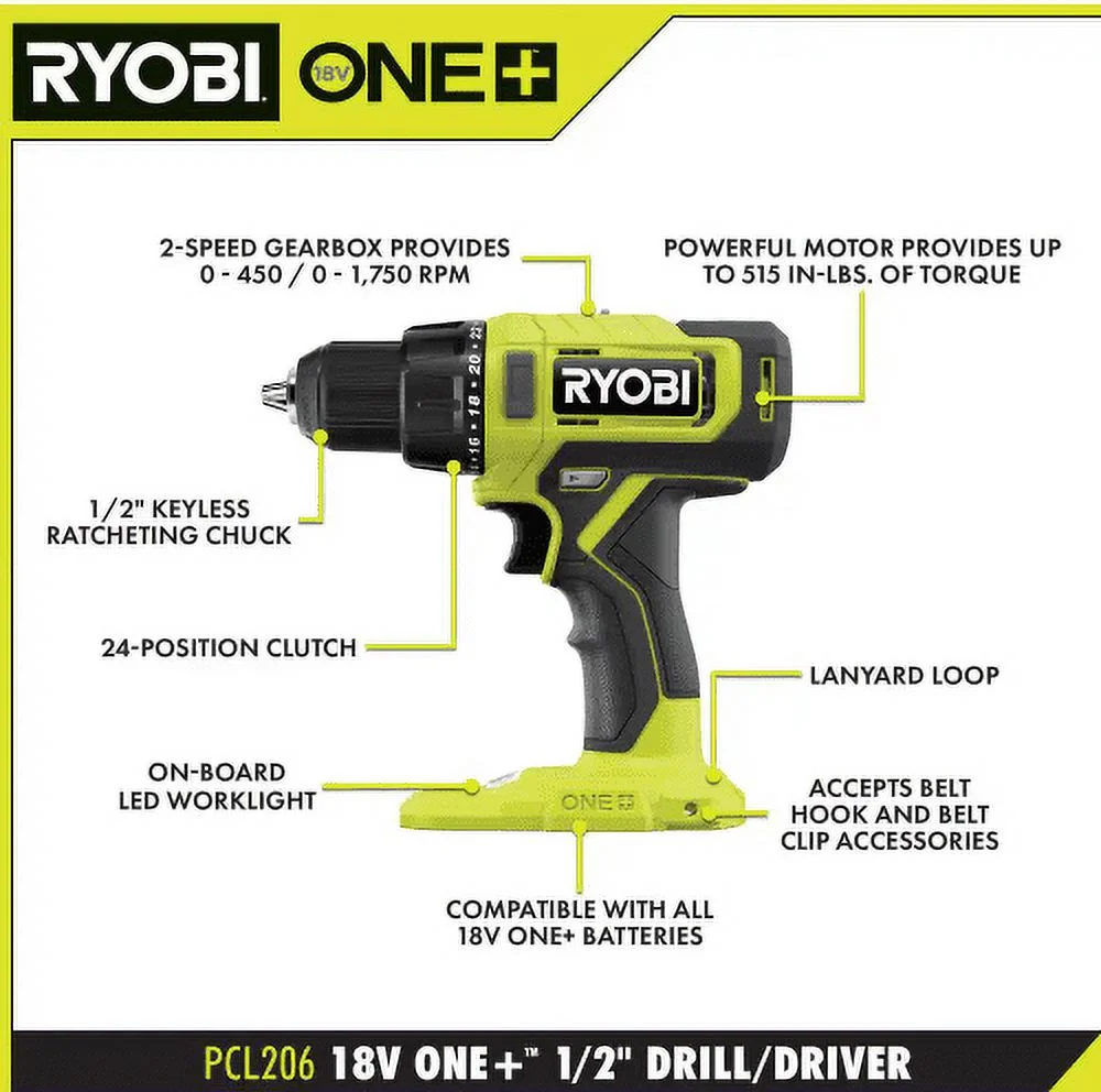 RYOBI ONE+ 18V Cordless 2-Tool Combo Kit with Drill/Driver, Impact Driver, (2) 1.5 Ah Batteries, and Charger