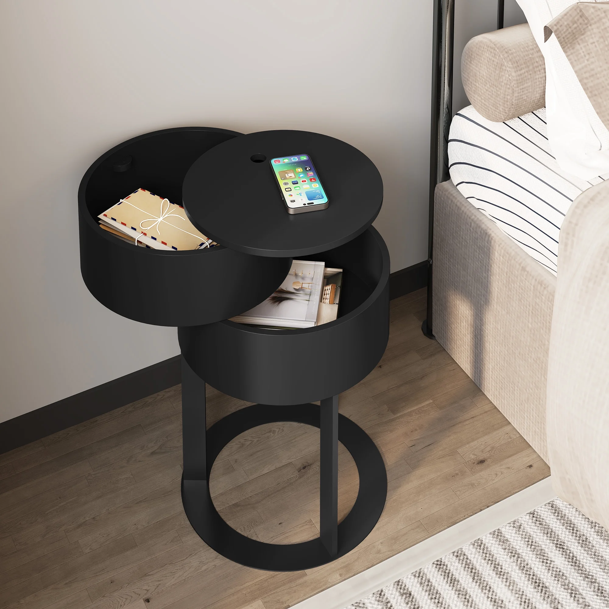 HLR Modern Round Wood Nightstand with Drawer, 2-Tier End Table for Living Room, Bedroom, Black