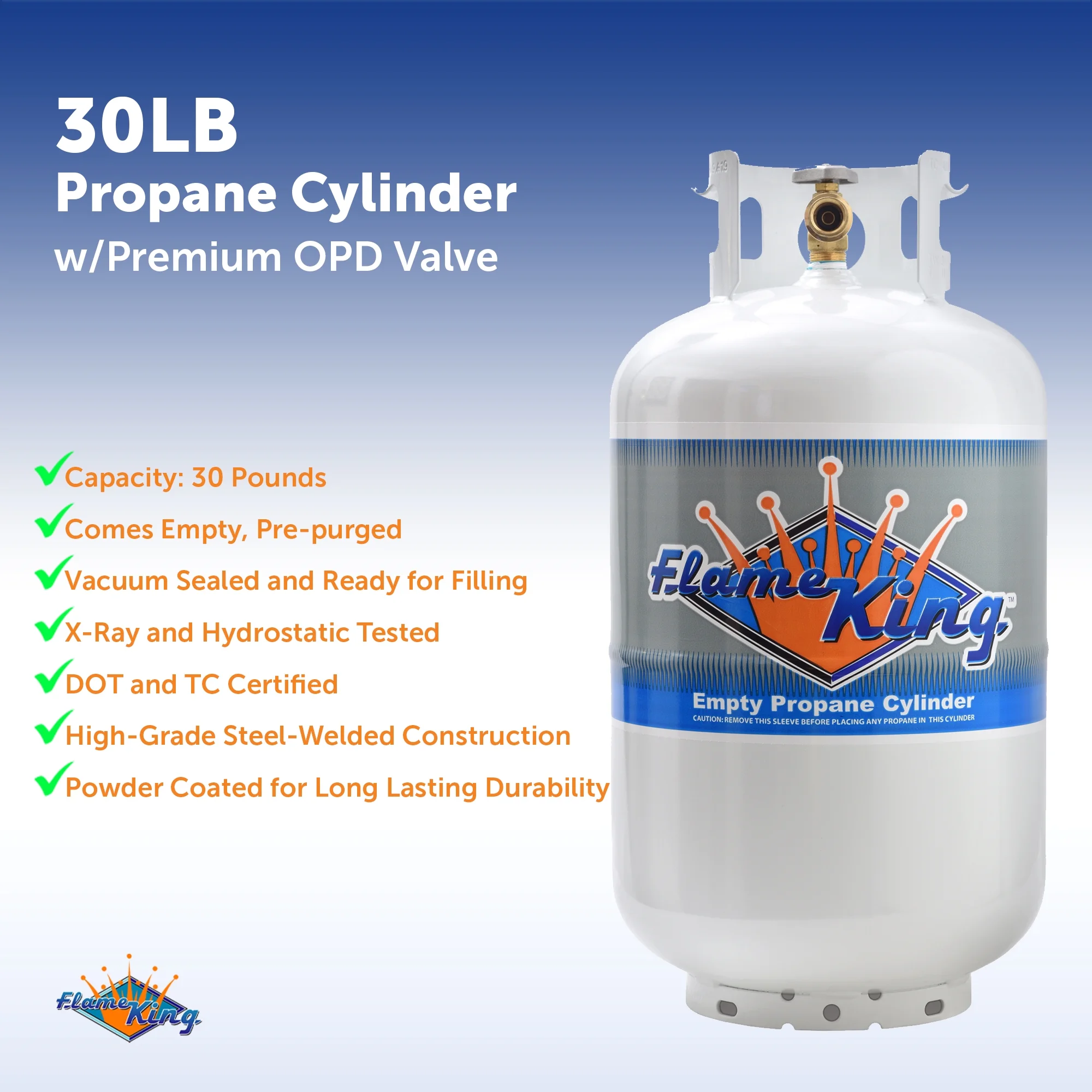 Flame King 30 lb. Propane Tank with Type 1 Overfill Protection Device Valve (Ships Empty)
